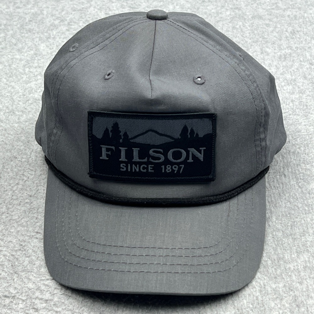 Filson Scenic Trucker Cap Mens OS Grey Canvas Logo Patch Rope Snapback Hat Cap